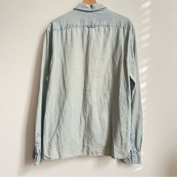 All Saints Mens spitalfields Distressed wash Long Sleeve Denim button down LG - Picture 5 of 8